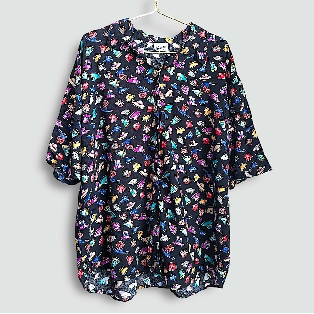 Vintage Touché LA Button Down Hat Novelty Quirky Print Blouse Top